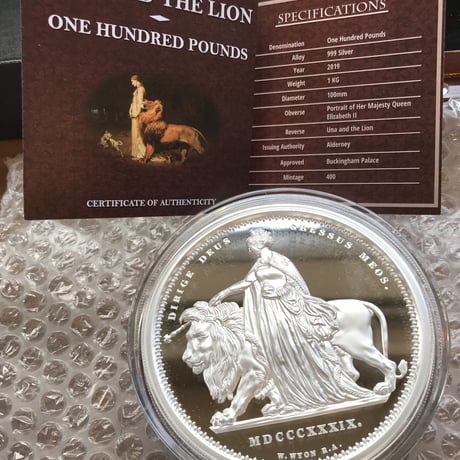 【重量1kg】ウナとライオン コイン 銀貨 100ポンド 1キログラム 2019 イギリス領オルダニー 英国 エリザベス シルバー Una Lion Alderney