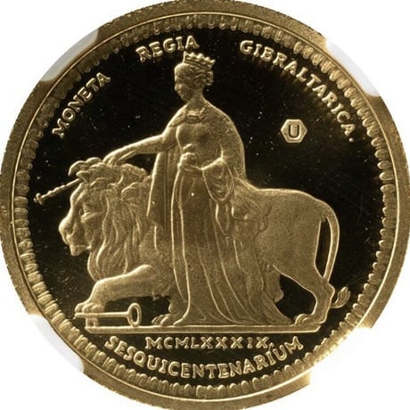 【NGC鑑定MS68・Top4】1989年 ウナとライオン イギリス領ジブラルタル 1ソブリン金貨 ゴールドコイン ミドルエリザベス ヴィクトリア女王1839年版からの150周年記念