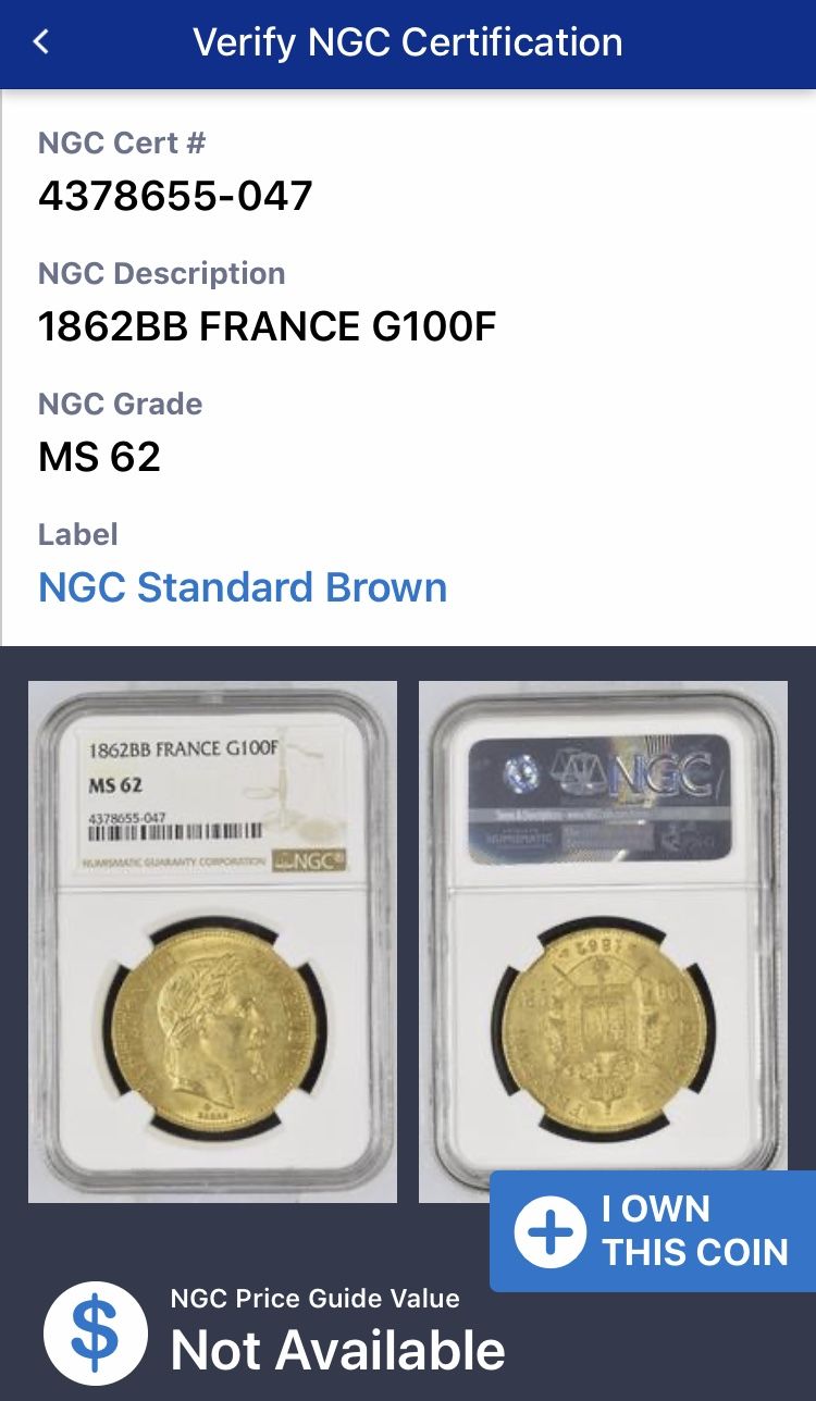 ストラスブール鋳造】1862BB NGC MS62 G100 Francs gold coi