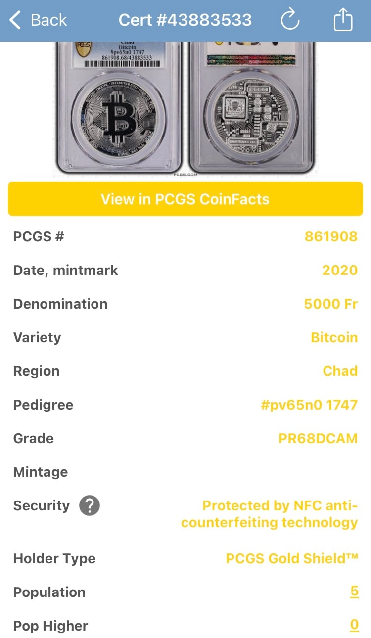 PCGS鑑定最高鑑定・PR68】 ビットコイン チャド共和国 CFAフラン プルーフ版 1オ...