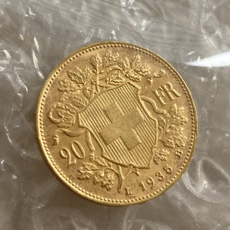 美品・未鑑定品 1935年LB スイス 20フラン金貨 ゴールド アルプスの少女 ブレネリ アルプス山脈と少女図 アンティークコイン