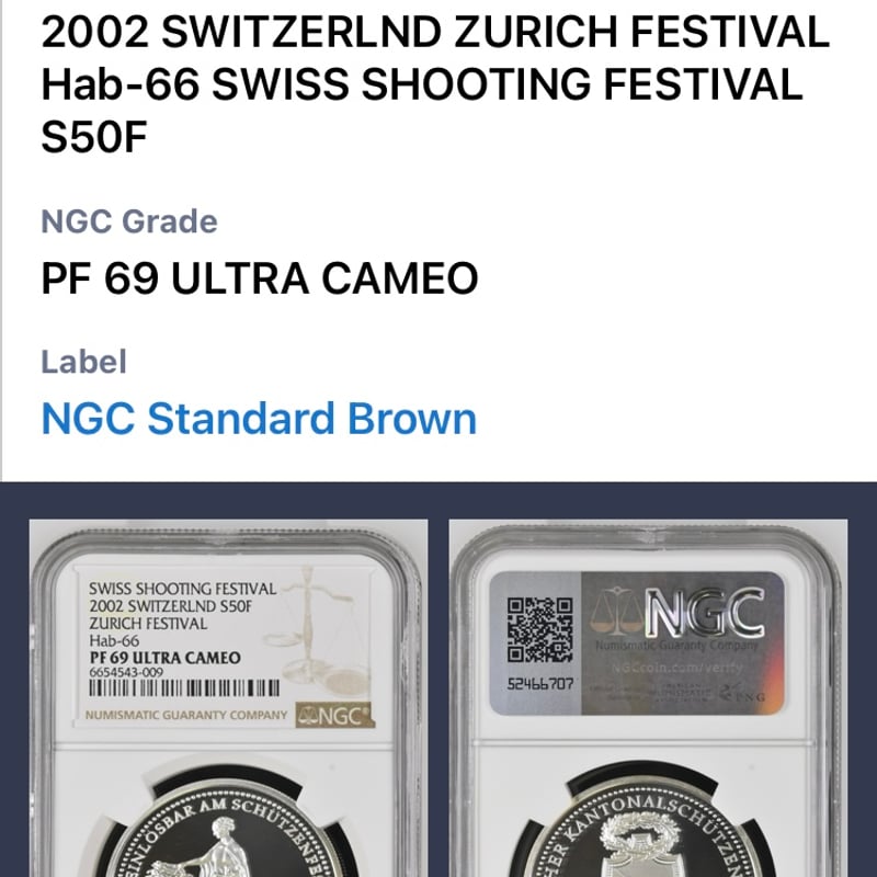 NGC鑑定PF69】スイス チューリッヒ射撃祭2002年 ウナとライオン 50