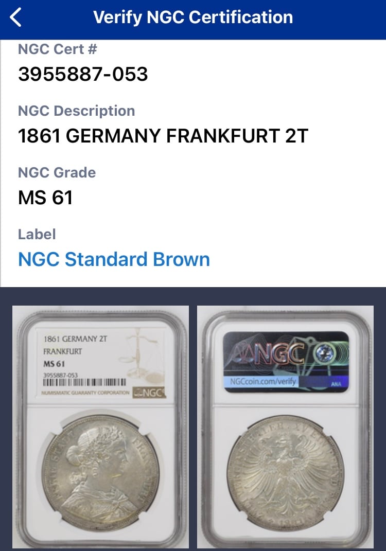 NGC鑑定MS61 ドイツ フランクフルト フランコニア 1861年 2ターラー