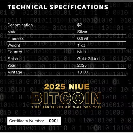 Gilt版 ビットコイン モチーフ 2025年 ニウエ国 2ドル 1オンス銀貨 シルバー プルーフコイン 暗号資産 暗号通貨 仮想通貨 クリプトアセット Bitcoin