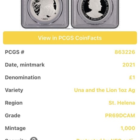 【PCGS鑑定PR69DCAM】 ウナとライオン 2021年 イギリス領セントヘレナ造幣局 1オンス銀貨 シルバー プルーフコイン Una Lion St.Helena