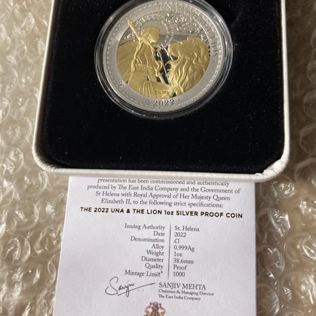 2022年 ウナとライオン Gilt･GOLD PLATE版 セントヘレナ 1オンス銀貨 金メッキ シルバー プルーフコイン Una Lion