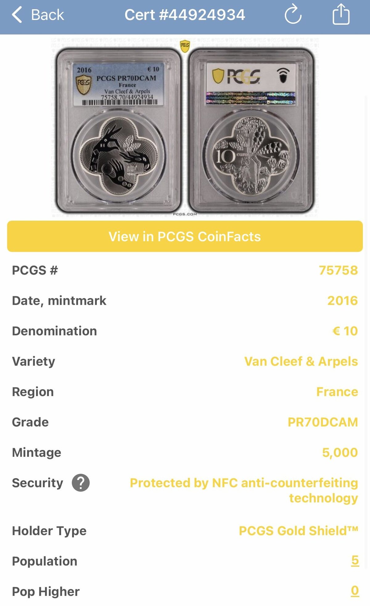 フランス　10ユーロ銀貨（ヴァンクリーフ&アーペルフレンチミント）2016年 PF70UC ヴァンクリーフ＆アーペル フレンチミント 2016年 10