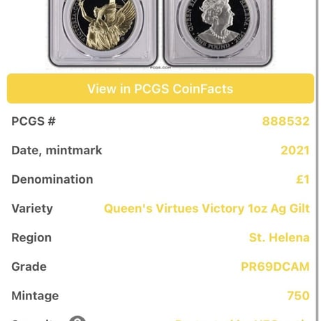 【PCGS鑑定PR69】Gilt・金メッキ版 女王の美徳シリーズ 勝利 2021 イギリス領セントヘレナ 1オンス銀貨 シルバー プルーフコイン