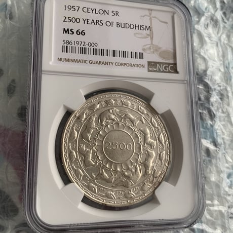 NGC鑑定MS66 1957年 イギリス領セイロン島 5ルピー銀貨 シルバーコイン 仏教2500周年 釈迦涅槃 スリランカ 英国 トップポップ