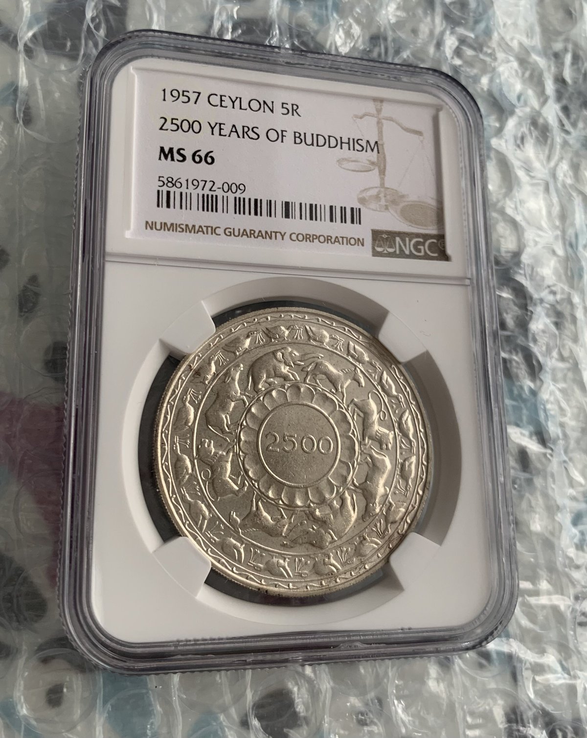 セイロン島 仏陀2500年記念 ５ルピー銀貨 1957 NGC MS62