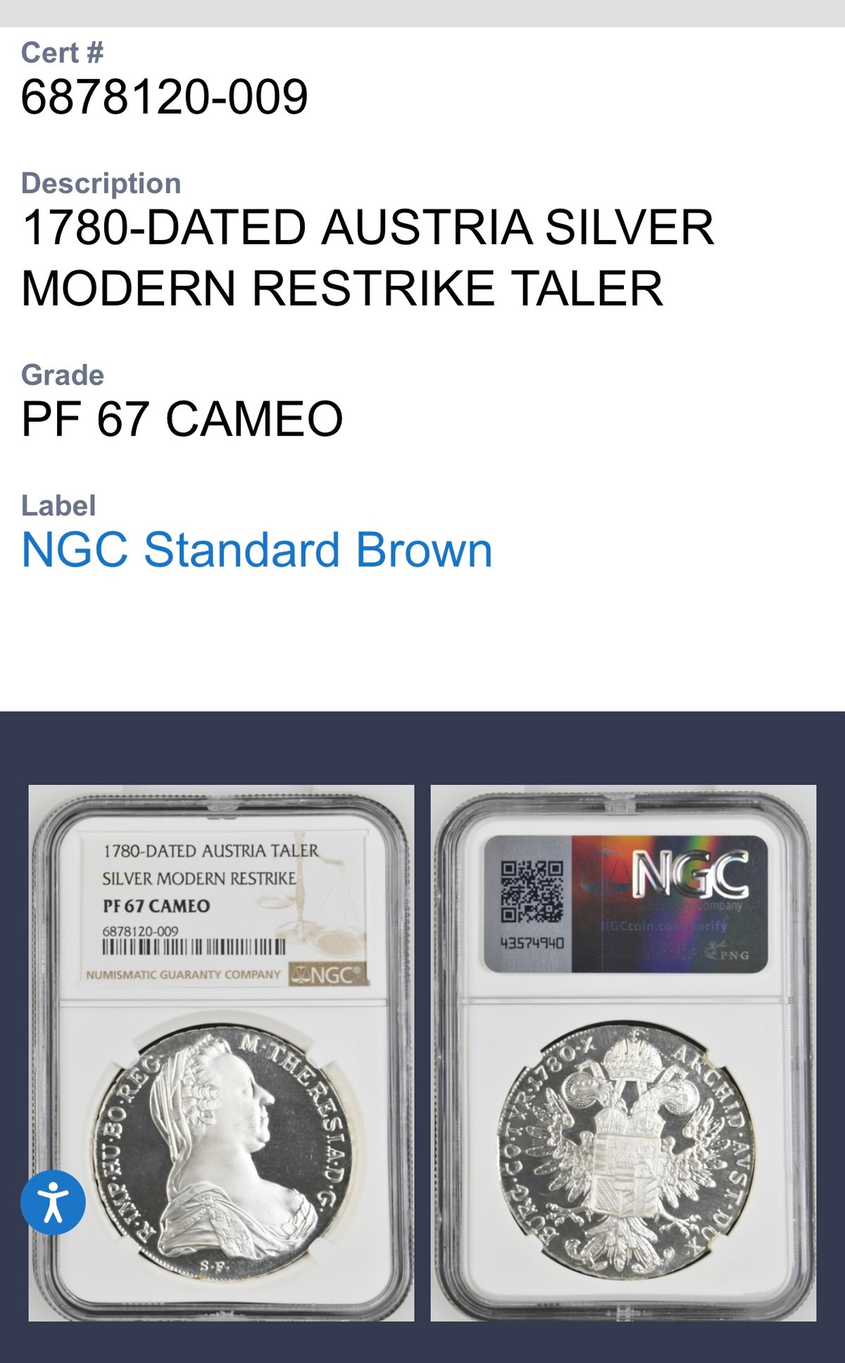 【NGC鑑定済 PF65 CAMEO】マリア・テレジア ターラー銀貨 1780年 NGC PF65 CAMEO マリアテレジア 1780 オーストリア ターラー