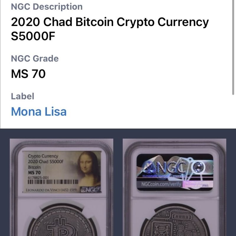 わずか全体5枚 【NGC鑑定MS70・モナリザ】ビットコイン Bitcoin