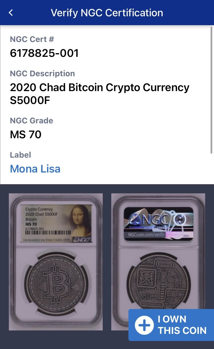 わずか全体5枚 【NGC鑑定MS70・モナリザ】ビットコイン Bitcoin