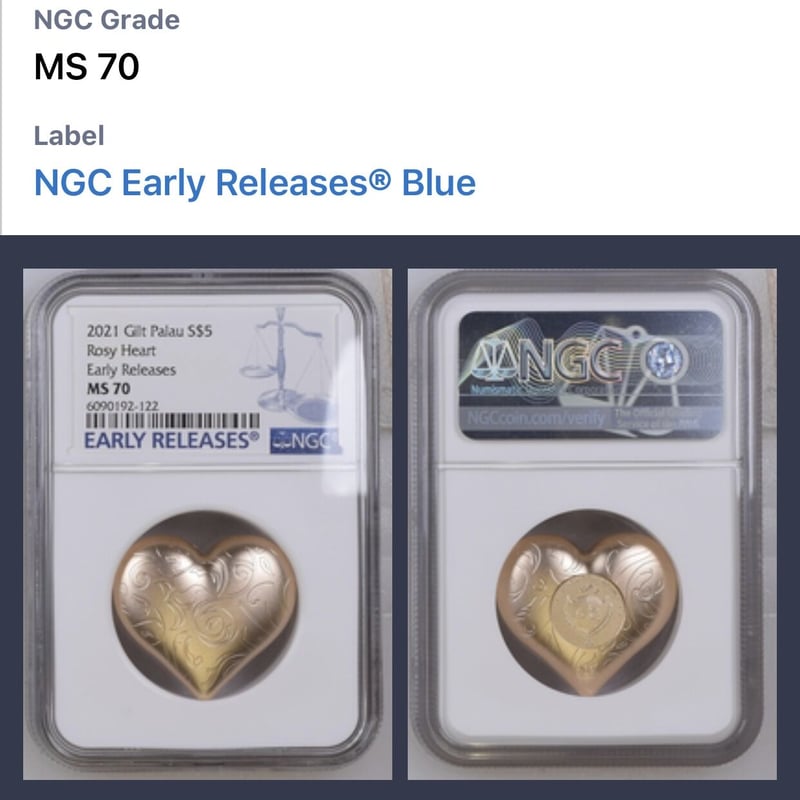 MS70 NGC 最高鑑定 2021年 パラオ ロージーハート 発行999枚 NGC鑑定MS70+ER】2021年 パラオ ローズ・ピンクゴールド