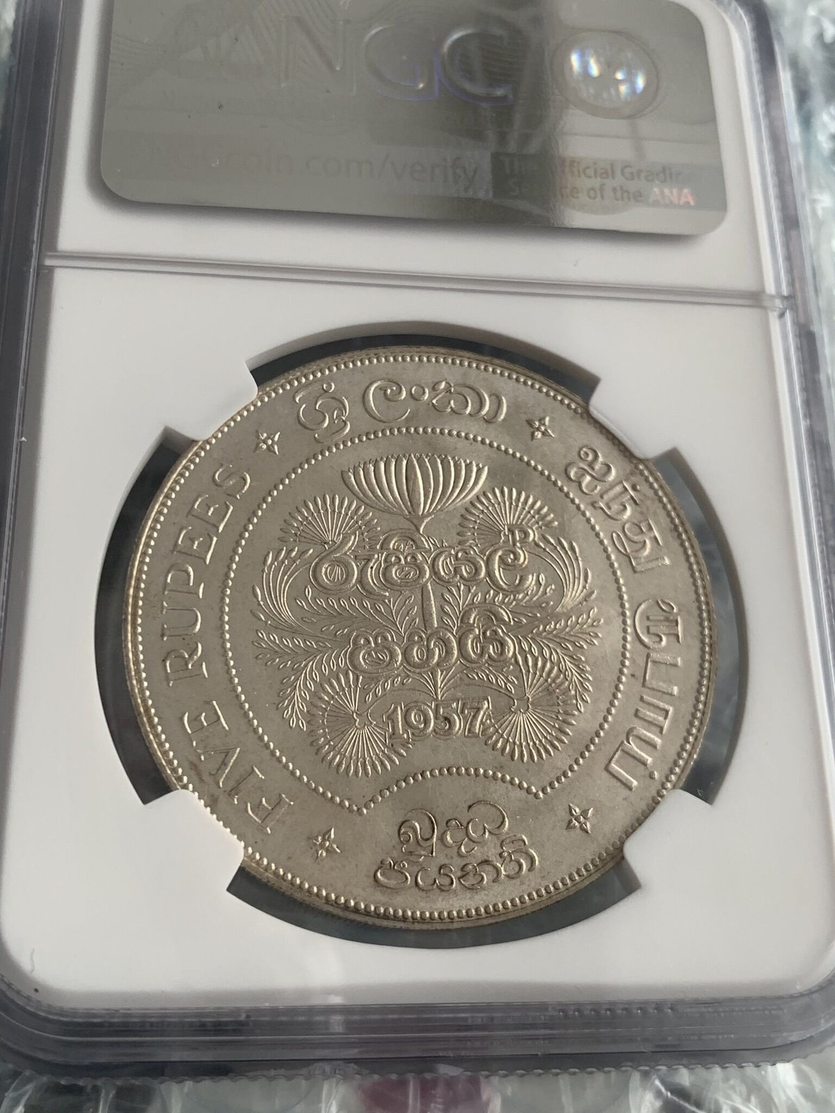 セイロン島 仏陀2500年記念 ５ルピー銀貨 1957 NGC MS62 - 旧貨幣/金貨