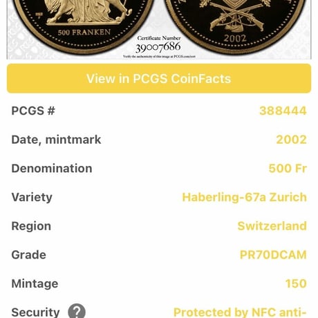 【PCGS 鑑定・PR70DCAM】ウナとライオン 2002年 スイス チューリッヒ射撃祭 500フラン金貨 ゴールド プルーフコイン Una Lion