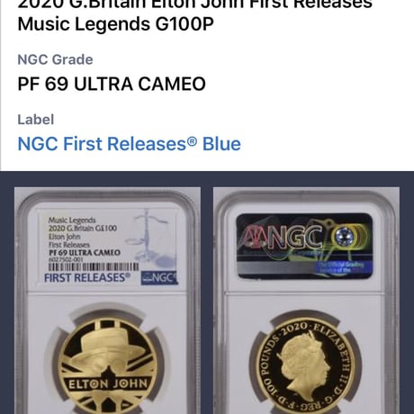 【NGC PF69UC】エルトン・ジョン 1オンス金貨 100ポンド プルーフコイン ゴールド 2020年 英国 ロイヤルミント ELTON JOHN