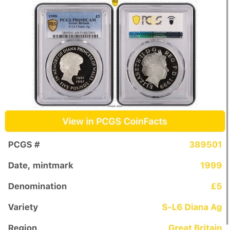 PCGS鑑定PR69DCAM 1999年 イギリス ダイアナ妃追悼祈念 5ポンド銀貨 S