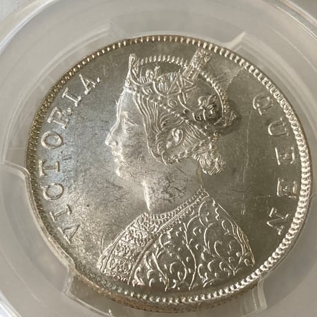 【実質TopPop‼︎ QUEEN刻印碑文】 PCGS鑑定MS63 英領インド 1ルピー銀貨 シルバーコイン 1862年(CorB)  ヴィクトリア女王 皇帝 アンティークコイン