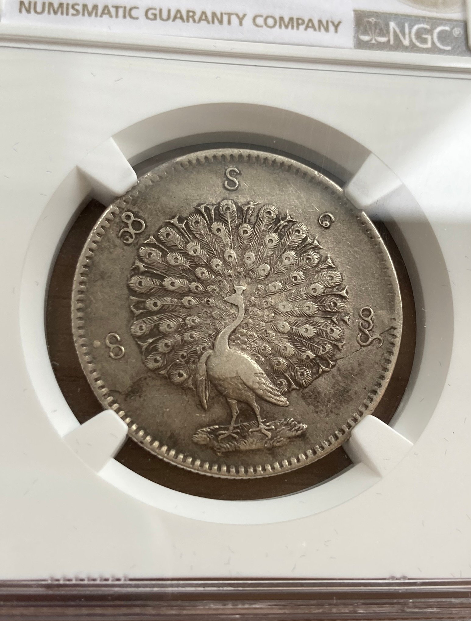 1852年 ビルマ ミャンマー 孔雀 クジャク 1チャット銀貨 NGC認証 original