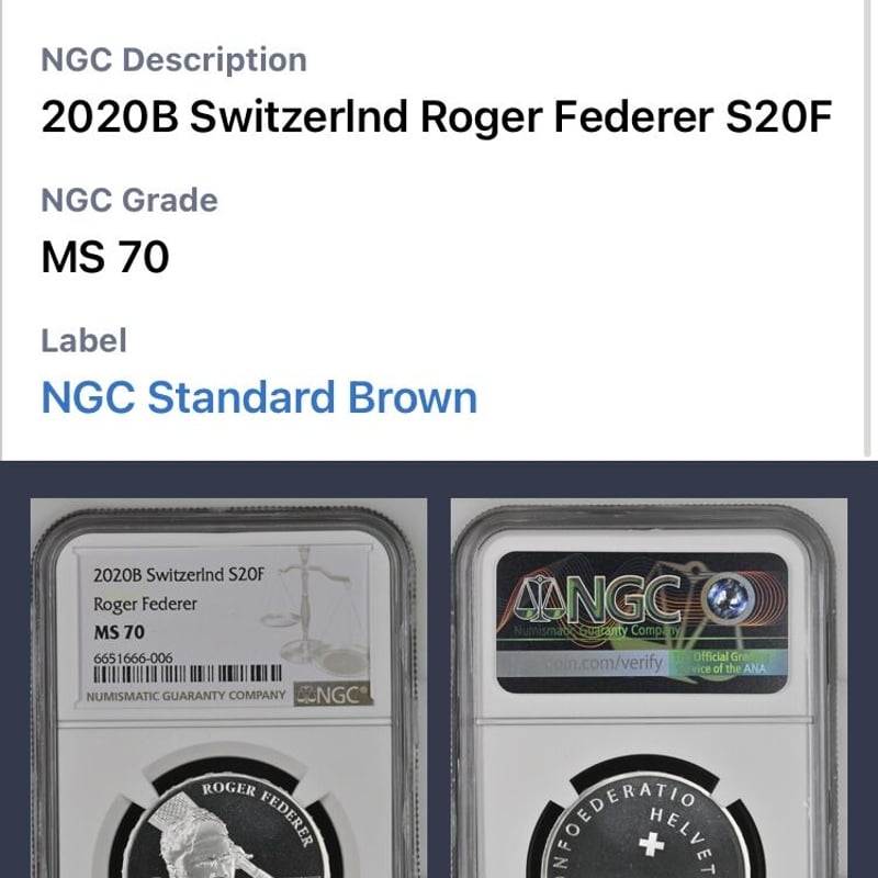NGC鑑定MS70 ロジャーフェデラー 銀貨 シルバーコイン スイス連邦