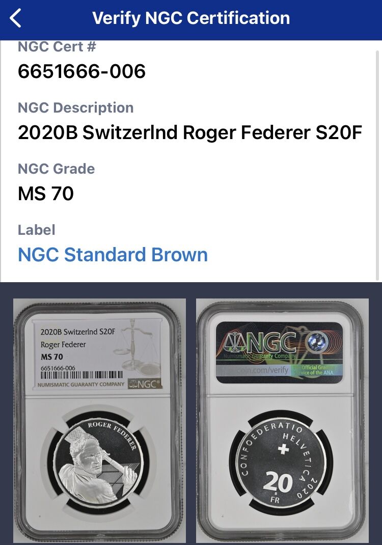 NGC鑑定MS70 ロジャーフェデラー 20フラン銀貨 シルバーコイン スイス