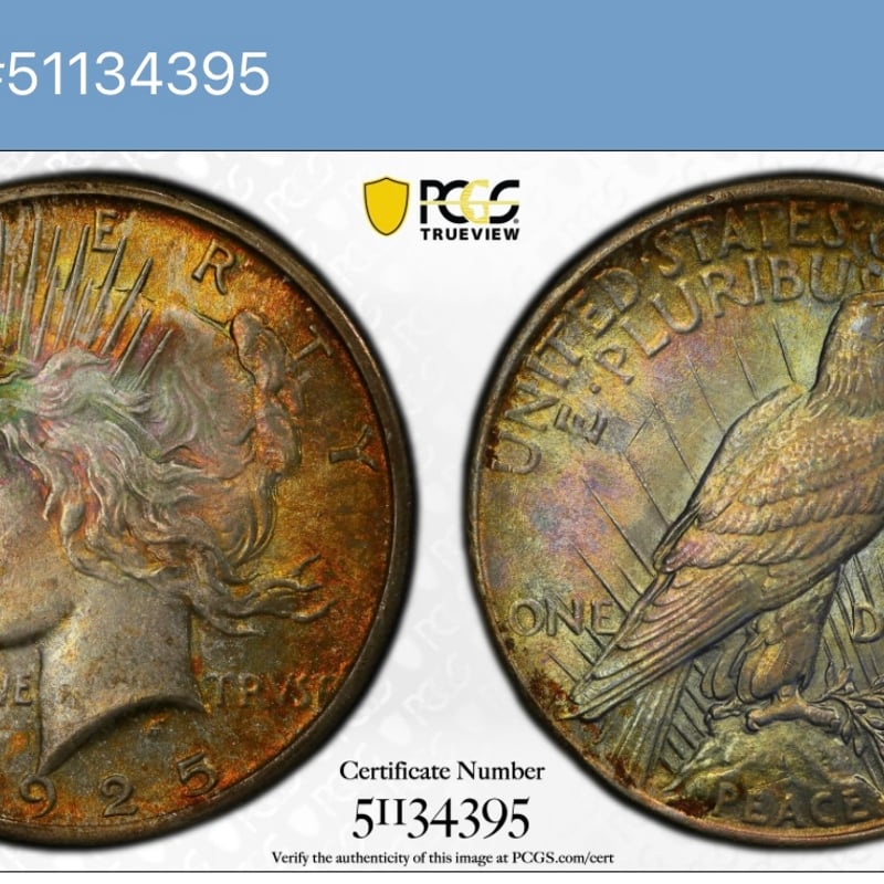 レインボートーン・両面 PCGS鑑定MS64 1925年 ピースダラー銀貨