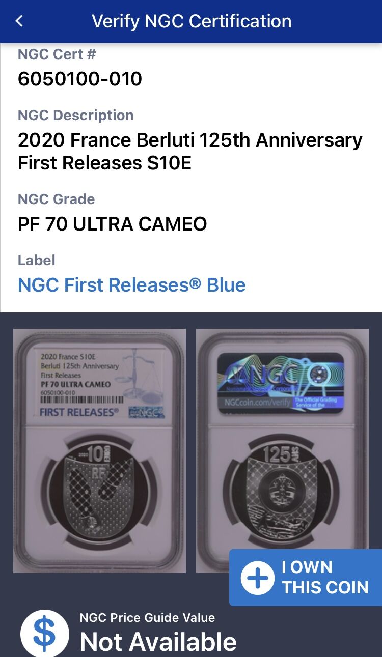 NGC70鑑定】ベルルッティ BERLUTI公式 フランス造幣局 125周年記念銀貨