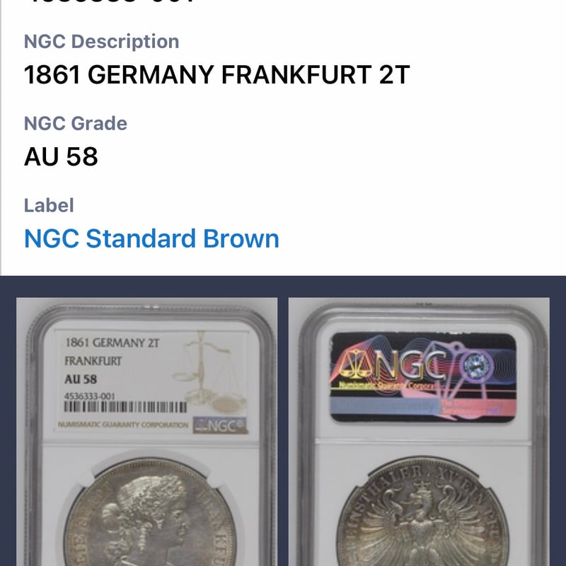 NGC鑑定AU58 ドイツ フランクフルト フランコニア 1861年 2ターラー