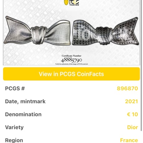 最高鑑定 【PCGS鑑定PR70】Dior公式 フランス造幣局 2021 ディオール 10ユーロ銀貨 リボン型 プルーフコイン