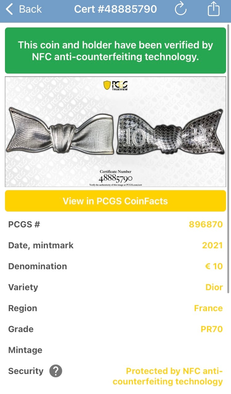 最高鑑定 【PCGS鑑定PR70】Dior公式 フランス造幣局 2021