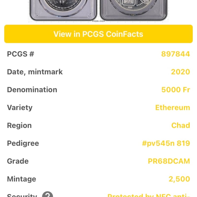 PCGS鑑定PR68 イーサリアム プルーフ版 チャド共和国 CFAフラン 1