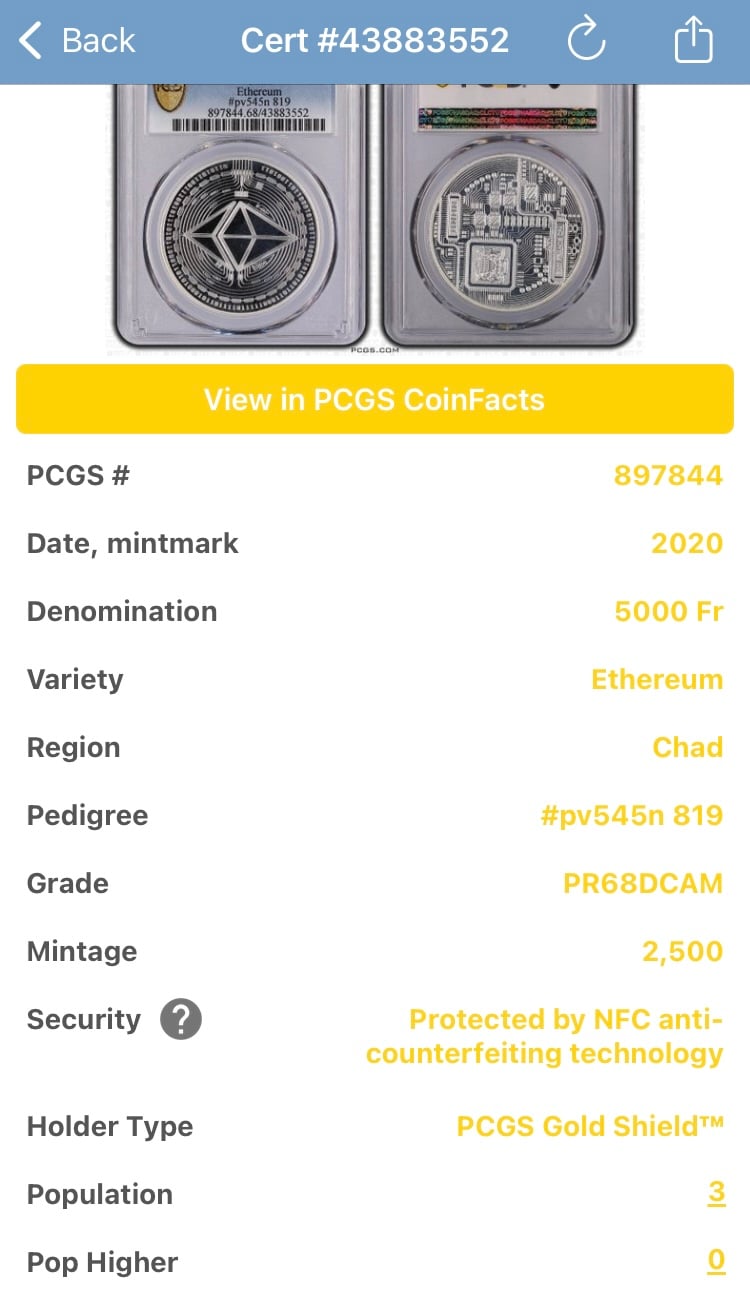 PCGS鑑定PR68 イーサリアム プルーフ版 チャド共和国 CFAフラン 1
