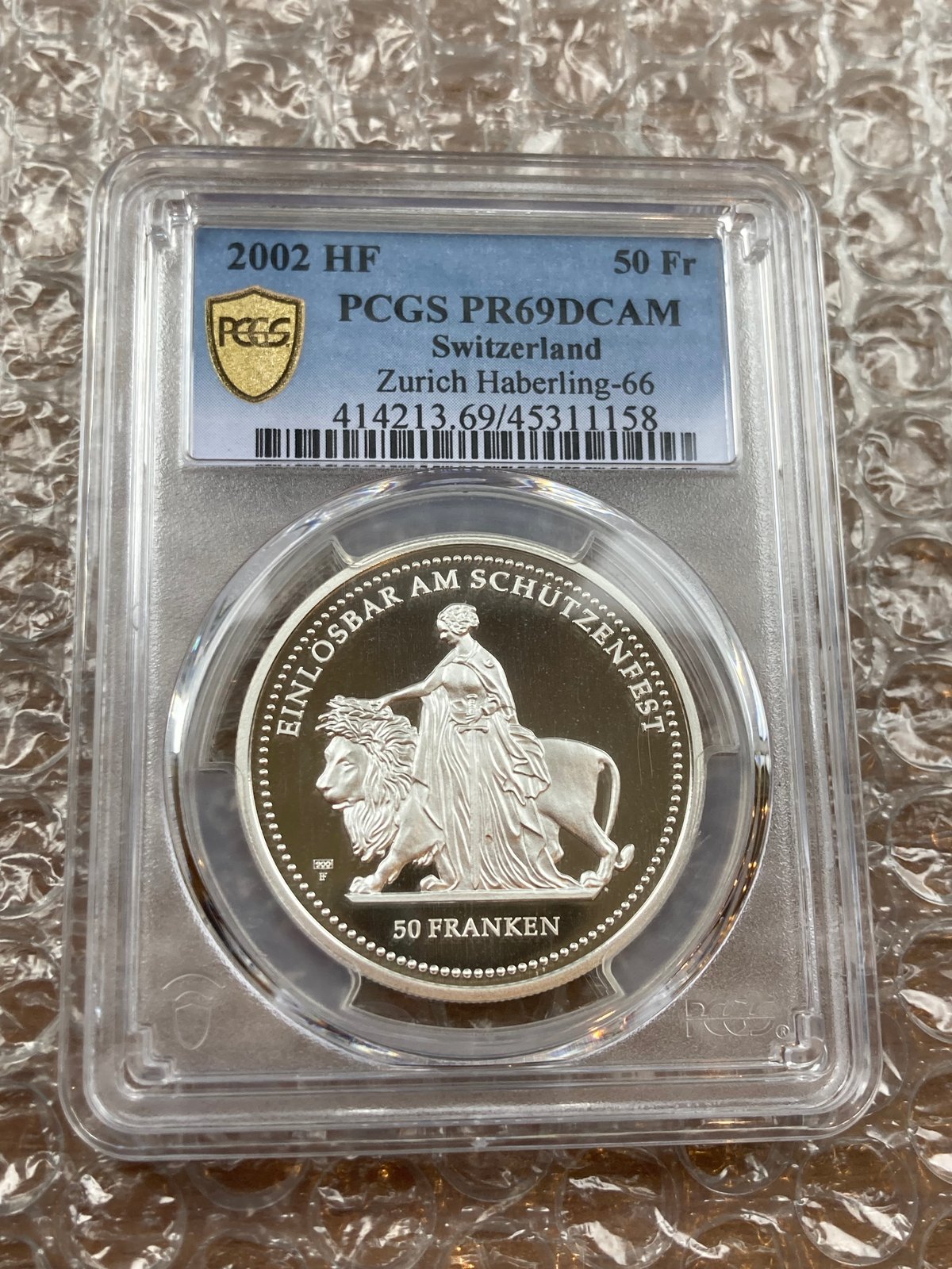 ウナとライオン☆スイス射撃祭 50フラン銀貨／2002年／NGC 揚がり PF67 