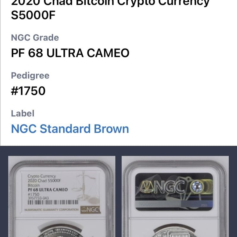 NGC鑑定・PF68】ビットコイン チャド共和国 CFAフラン 1オンス