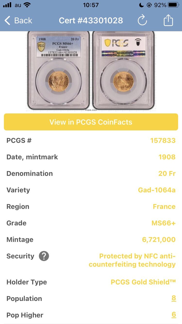1908年・PCGS MS66+】フランス 20フラン ルースター金貨 ゴールド アン