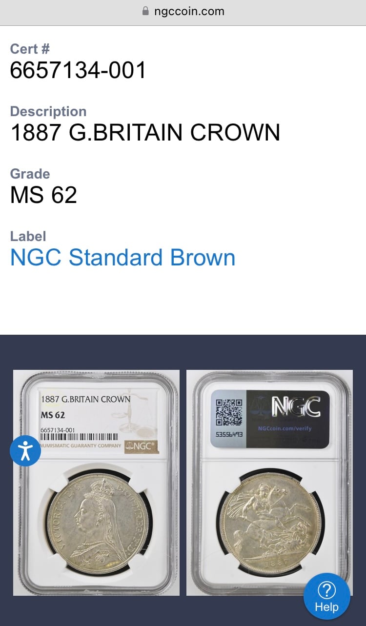 NGC鑑定MS62 ジュビリーヘッド 1887年 クラウン銀貨 ヴィクトリア女王