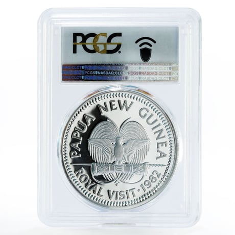 【世界で2枚のPCGS70鑑定】  1982年ロイヤルビジット パプアニューギニア 極楽鳥 10キナ銀貨 シルバー プルーフコイン エリザベス女王 フィリップ殿下 PR70DCAM