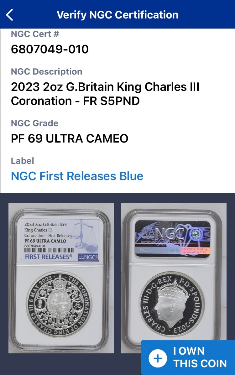 2023 チャールズ3世 戴冠記念 £5プルーフ銀貨 NGC PF69UC 2023 チャールズ三世 戴冠記念 2oz £5 銀貨 NGC PF70UC 2023