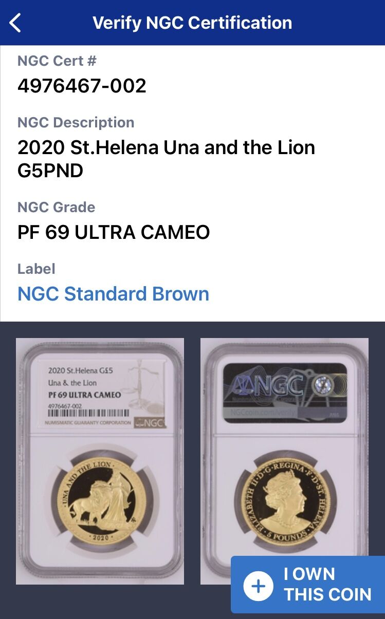 NGC鑑定69 ウナとライオン 2020年 イギリス領セントヘレナ造幣局