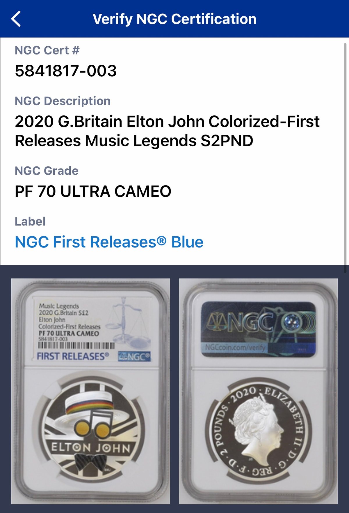 NGC鑑定PF70+FR】ロイヤルミント エルトンジョン ミュージック