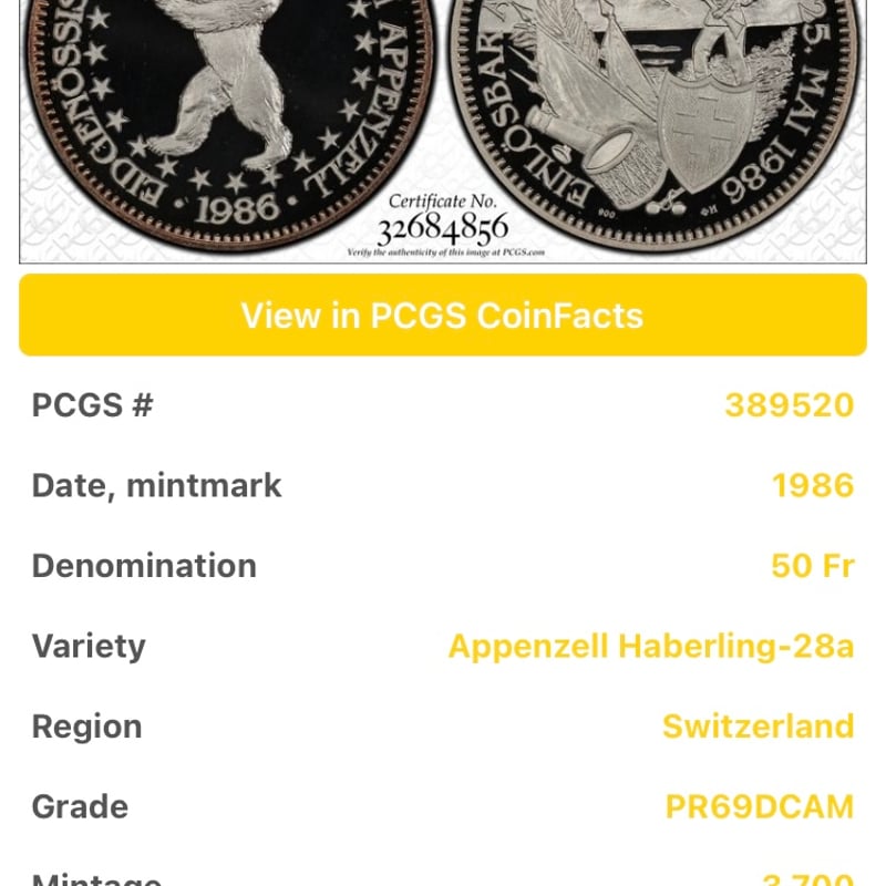 PCGS鑑定PF69 スイス連邦 現代射撃祭 1986年 アッペルツェル州