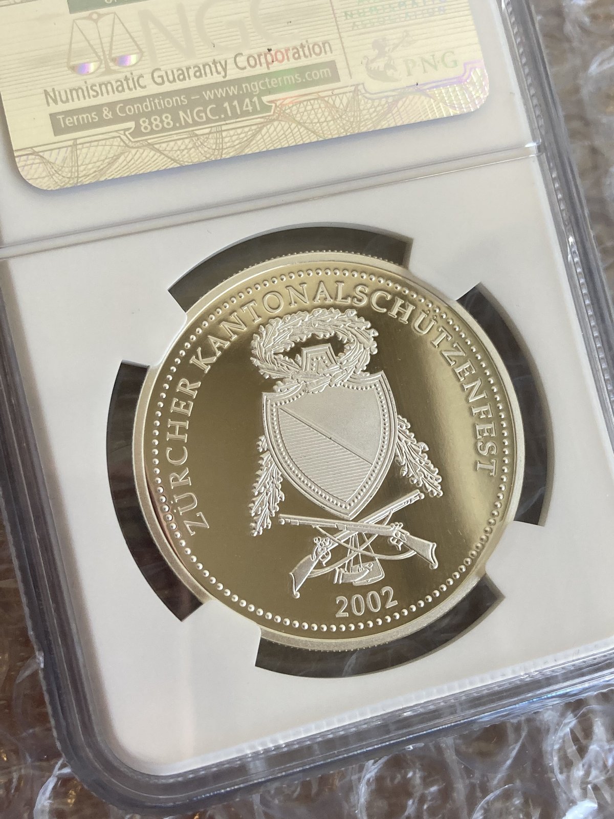 ウナとライオン☆スイス射撃祭 50フラン銀貨／2002年／NGC 揚がり PF67 