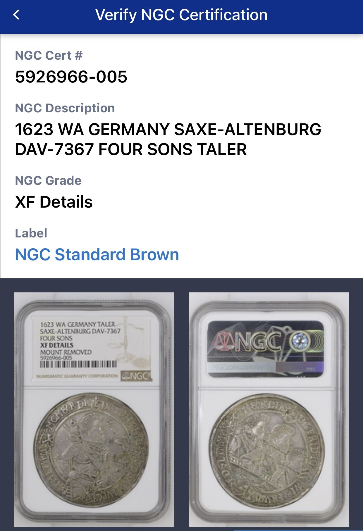 ターラー銀貨 4兄弟 1623年 神聖ローマ帝国 ドイツ ザクセン アルテン