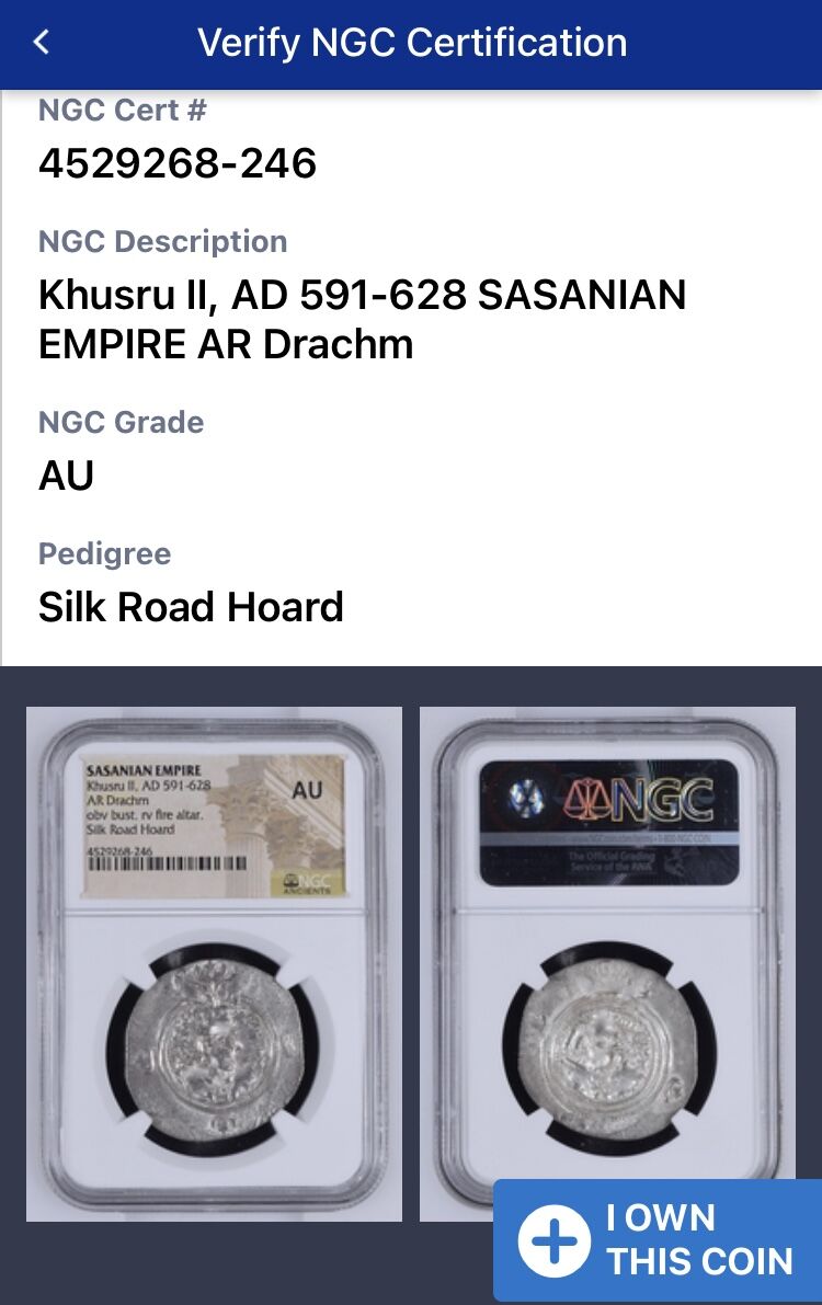 古代コイン・NGC鑑定AU】サーサーン朝 ホスロー2世 紀元591-628年