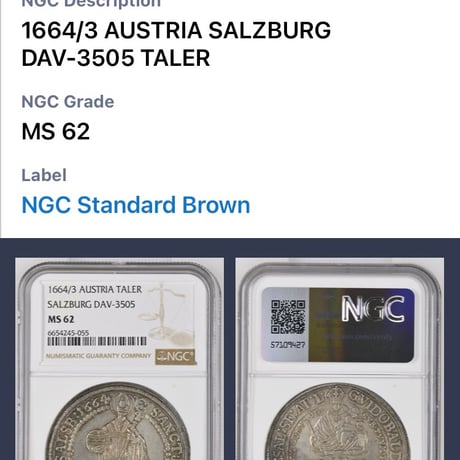 【NGC鑑定MS62】 1664年 ドイツ オーストリア ザルツブルク 子供を抱くマドンナ ターラー・ターレル銀貨 アンティークコイン DAV-3505 taler thaler