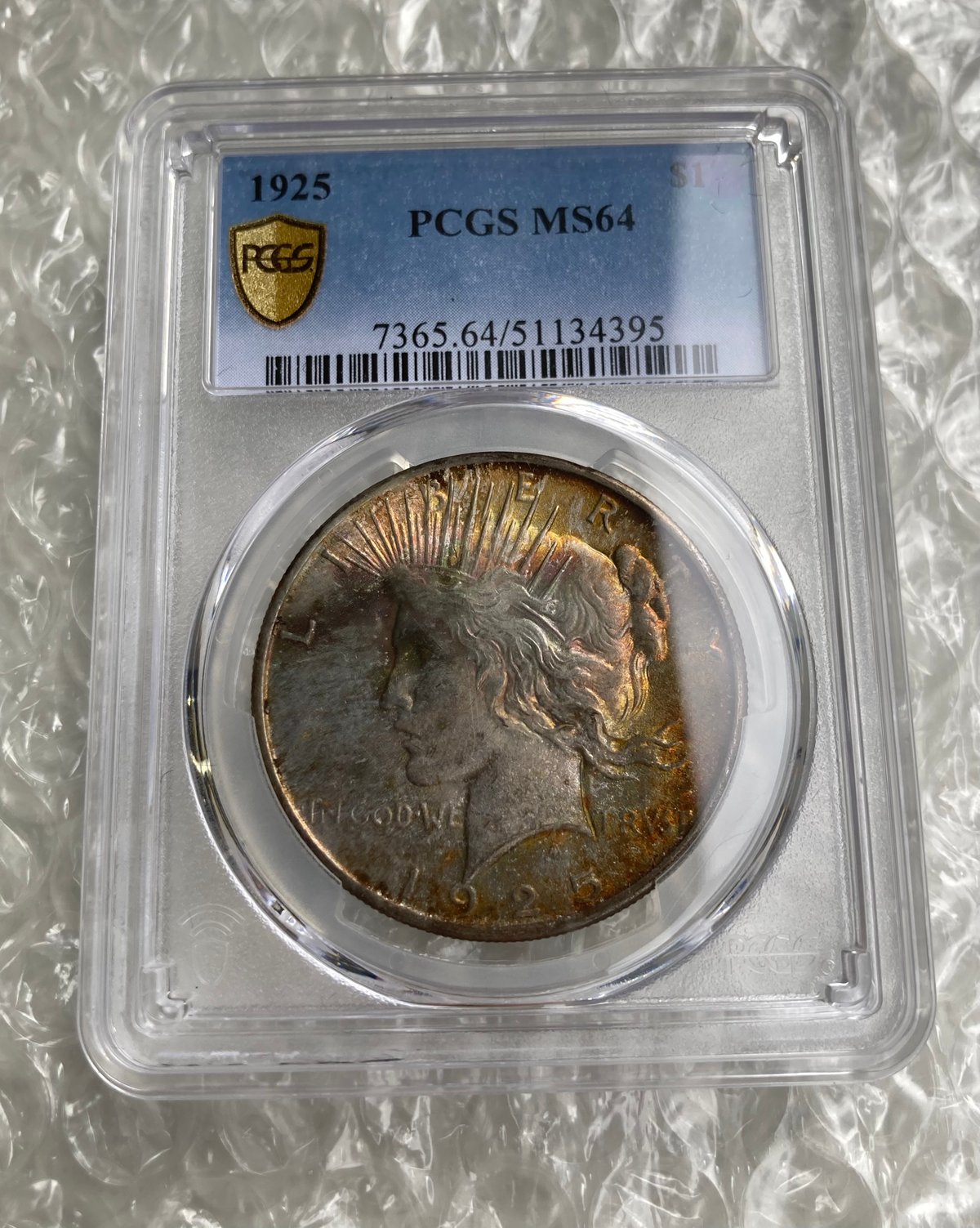 レインボートーン・両面 PCGS鑑定MS64 1925年 ピースダラー銀貨