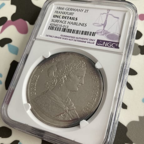 【NGC鑑定UNC】ドイツ フランクフルト 1866年 フランコニア 2ターラー銀貨 シルバー アンティークコイン グルデン ギルダー UNC Details “Surface Hairlines“