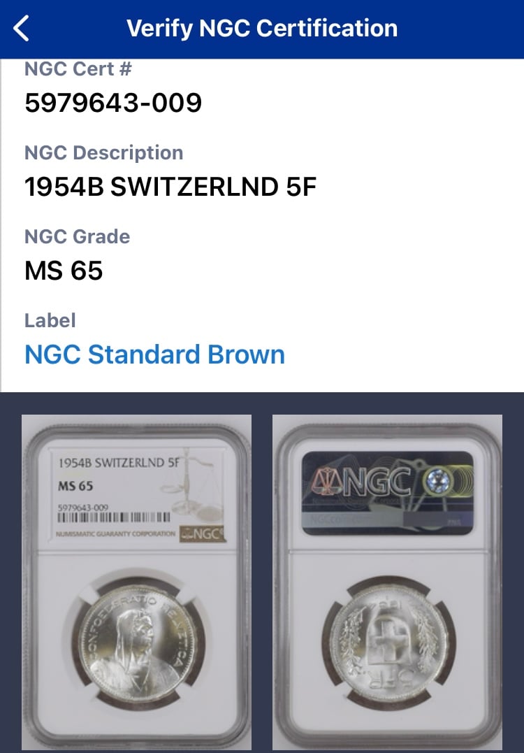 NGC鑑定MS65 スイス ウィリアム・テル 1954年 5フラン銀貨 シルバー