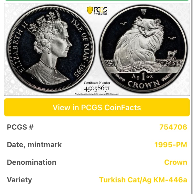 イギリス領マン島 猫 キャット銀貨 1995年 猫種 PCGS鑑定PR64 シルバー